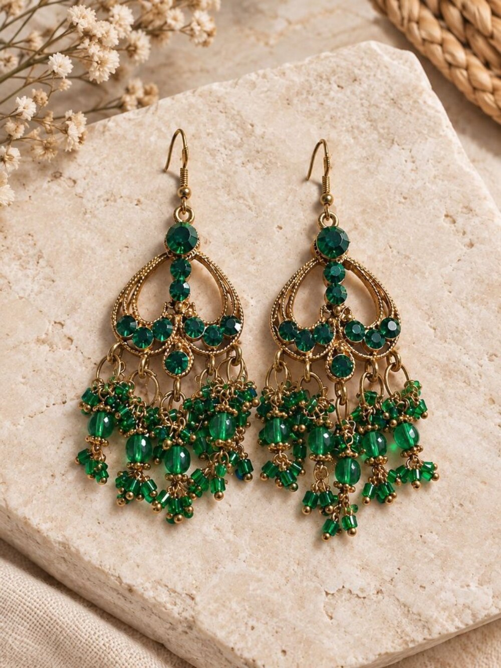 Emerald Green Beaded Chandelier Earrings Gold Tone Bohemian Jewelry Beach Core